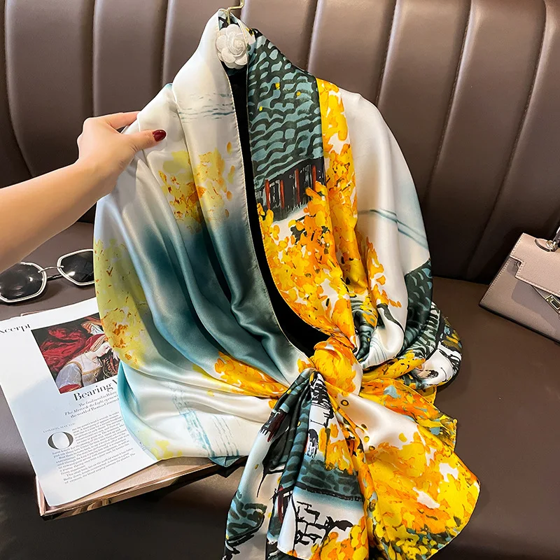 

180*90cm Luxury Brand Women Summer Silk Scarves Shawl Lady Wrap Soft Female Europe Designer Beach Bandanna foulard muffler pareo