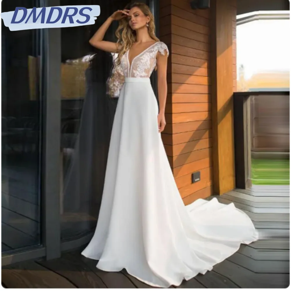

Sexy Deep V-neck Backless Bride Robe Elegant Chiffon Long Bridal Gown Classic Lace Appliques Wedding Dress Robe De Mariée