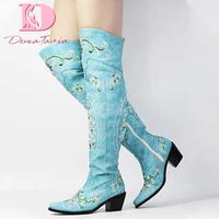 plus size 46 luxury embroidery ladies over the knee boots flower chunky high heels zip national boot women shoes spring autumn