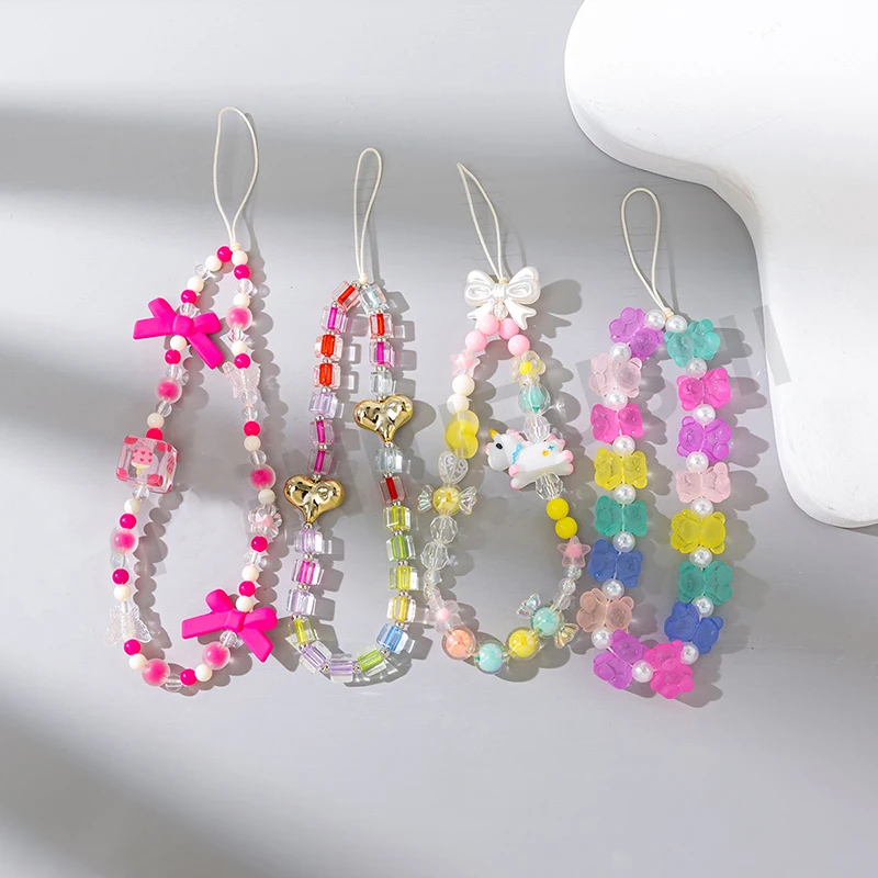 

Candy Color Acrylic Love Heart Bow Beads Mobile Phone Chain Women Girl Jewelry Key Cellphone Case Anti-lost Lanyard Gift For Her