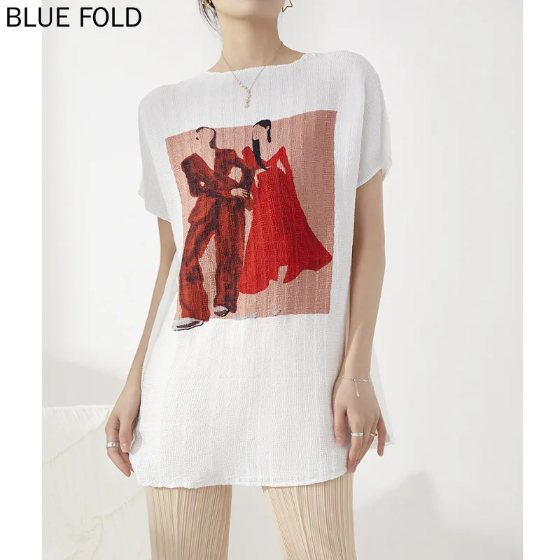 

Miyake Pleated Clothes Women's Short-sleeved T-shirt Women's Summer New Portrait Design Mid-length Loose Casual Top T