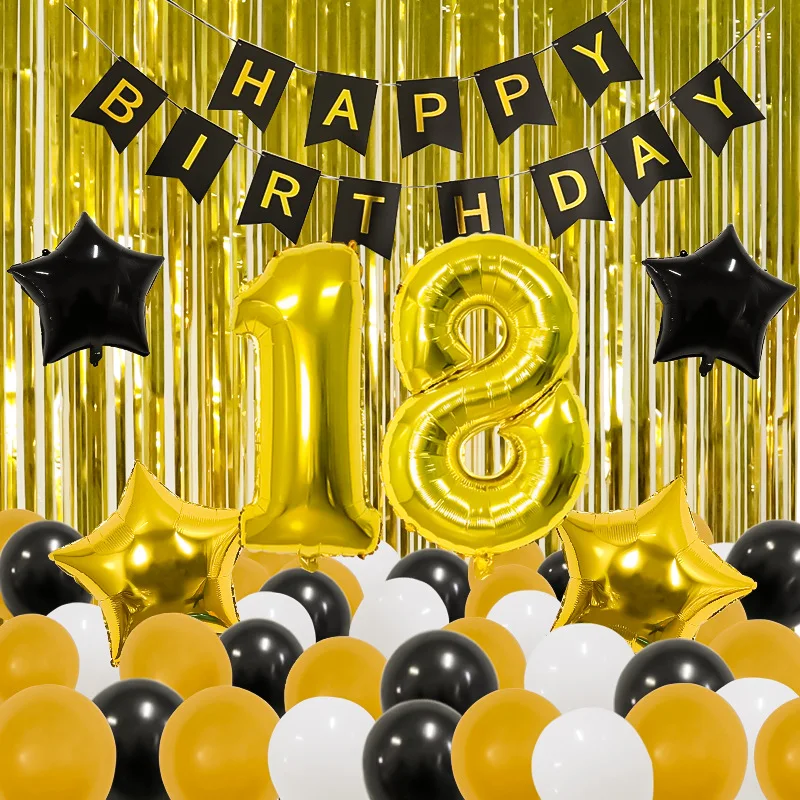 

Black Golden Birthday Decorations Balloon Set Happy Birthday Banner Star Heart Foil Balloon for 18th Birthday Party Supplies