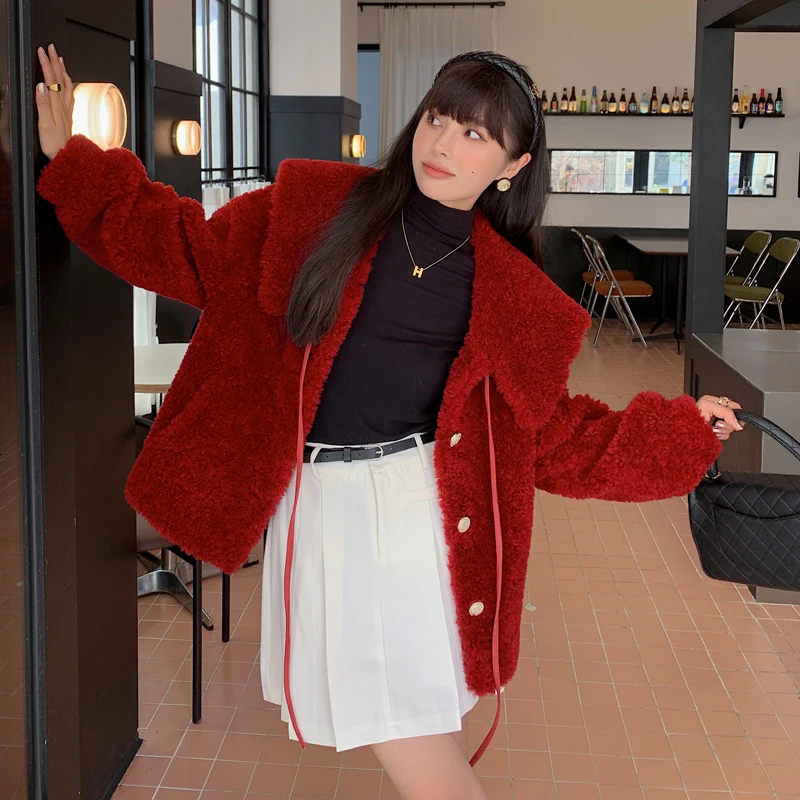 

DASSWEI Vintage 2023 Winter Wool Coat For Women Tops Loose Outwear Casual Thick Warm Sailor Collar Coat Femme Sheep Sheared Coat