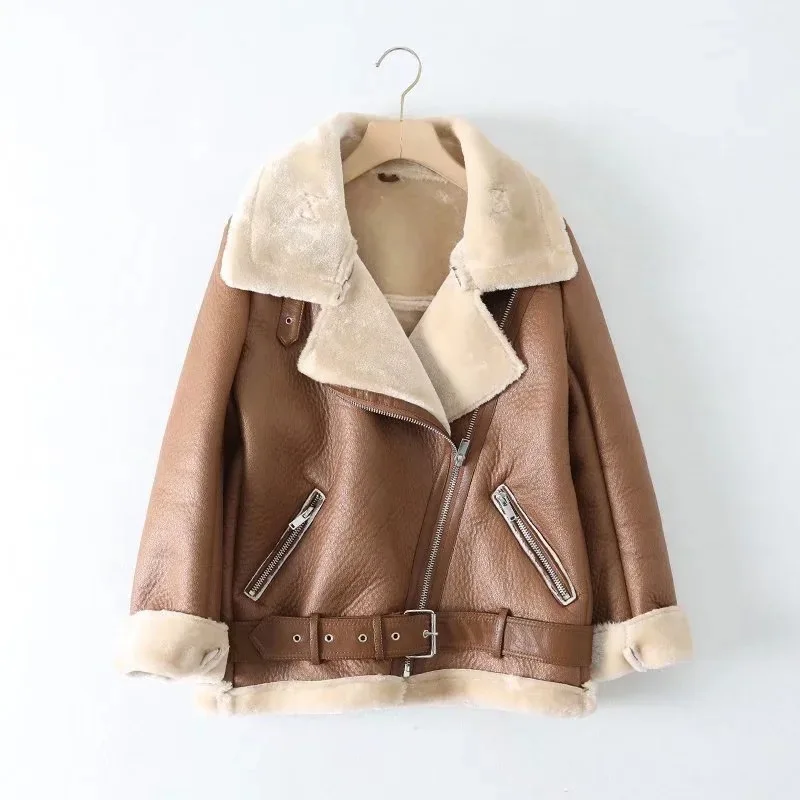Warm Women Faux Fur Jacket 2022Winter Casual Streetwear Leather Buckle Solid Comfortable Fashion Loose Female Thick Outwear