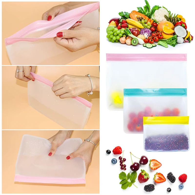 

3pcs Reusable PEVA Food fresh Bag Freezer Stand Up Food Storage Bag Silicone Bag Leakproof Top Kitchen Organizer Bags BPA Free