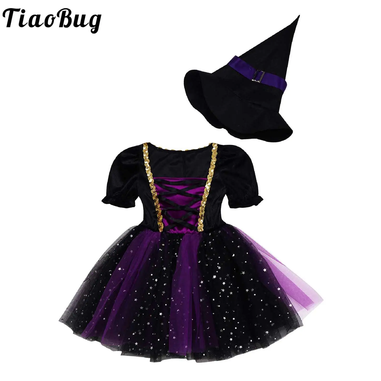 

Halloween Kids Girls Witch Costume Cosplay Dress Glittery Mesh Tutu Dress with Pointed Hat Carnival Party Magician Dress Up Outf