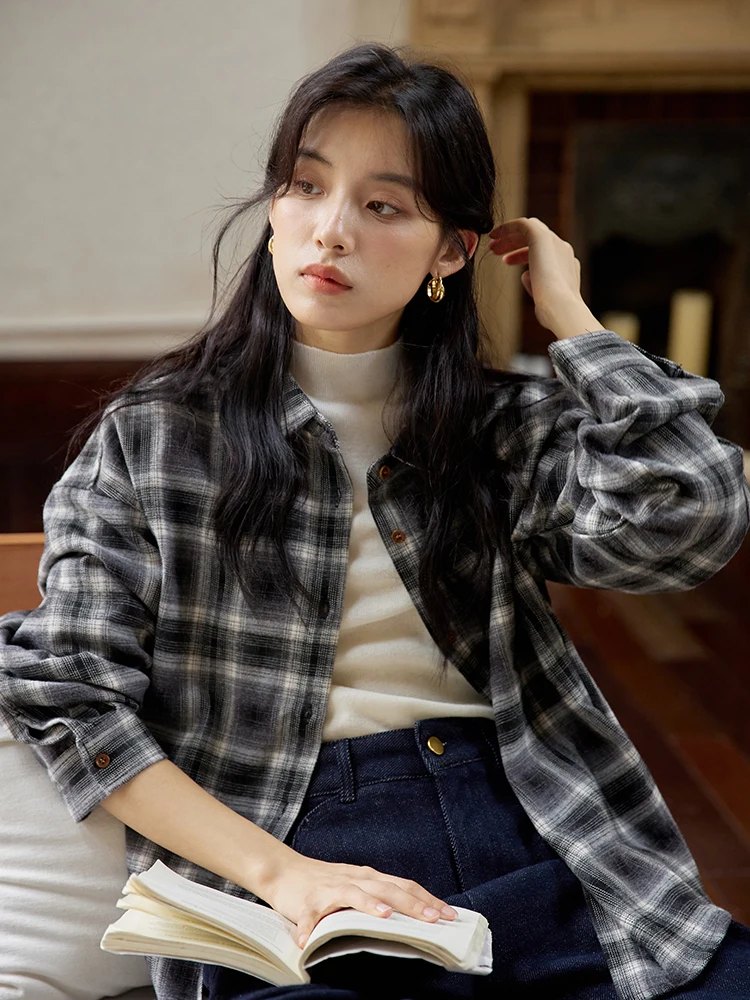 Supmwos Французские сложенные клетчатые утолщенные рубашки с начесом женская