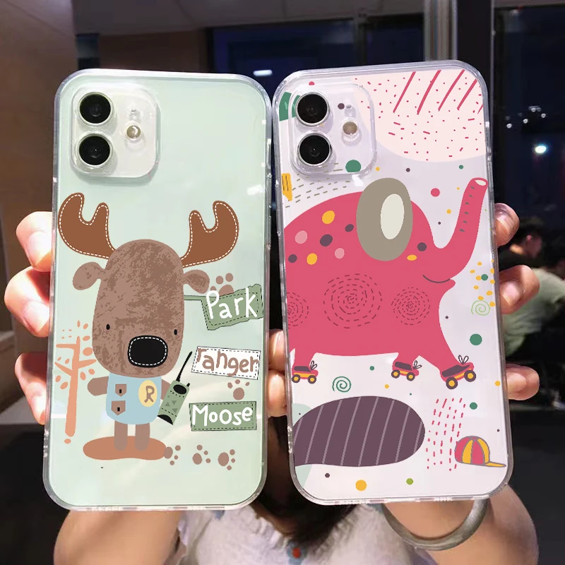 

Cartoon Deer Elephant For Apple iPhone 13 12 11 Pro Mini X XR XS Max SE 6 6S 7 8 Plus Clear Phone Case TPU Soft Cover Carcasa