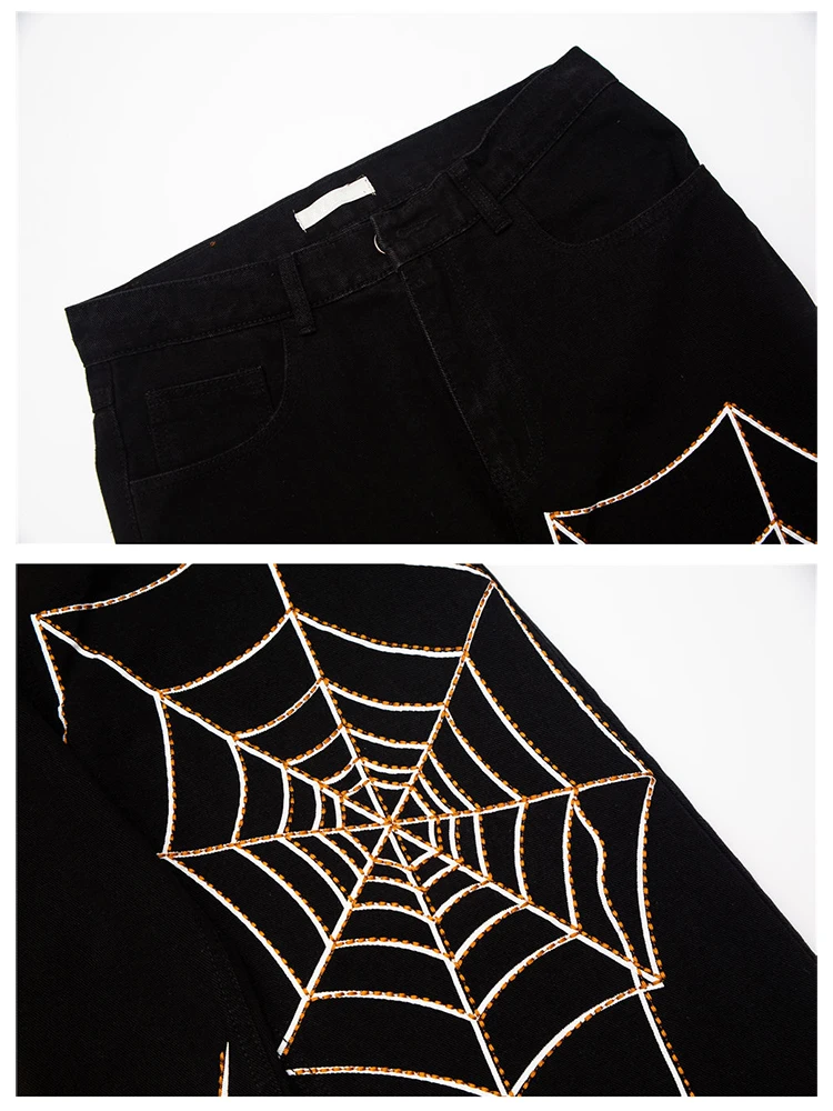 Oversized Spider Web Embroidery Straight Casual Jeans Pants Unisex Vibe Style Loose Denim Trouser Autumn Winter Streetwear Black