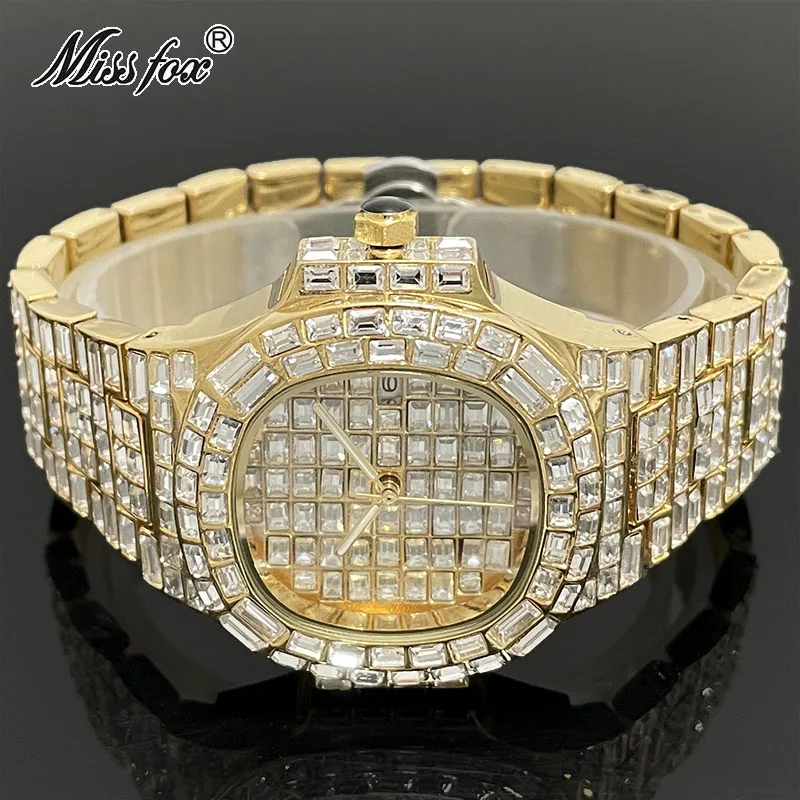 

MISSFOX Luxury Mens Watches Gold Hip Hop Brand Rectangle Iced Out Diamond Clocks Waterproof Fashion Quartz Wristwatch Male Gift