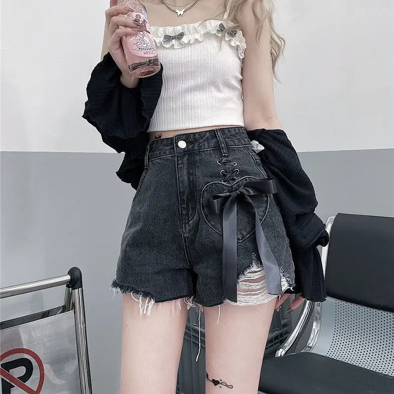 Bow Tie Torn Hole Denim Shorts For Women In Summer Showing Height  Slimness Loose Fitting High Waisted Wide Leg A-Line Short