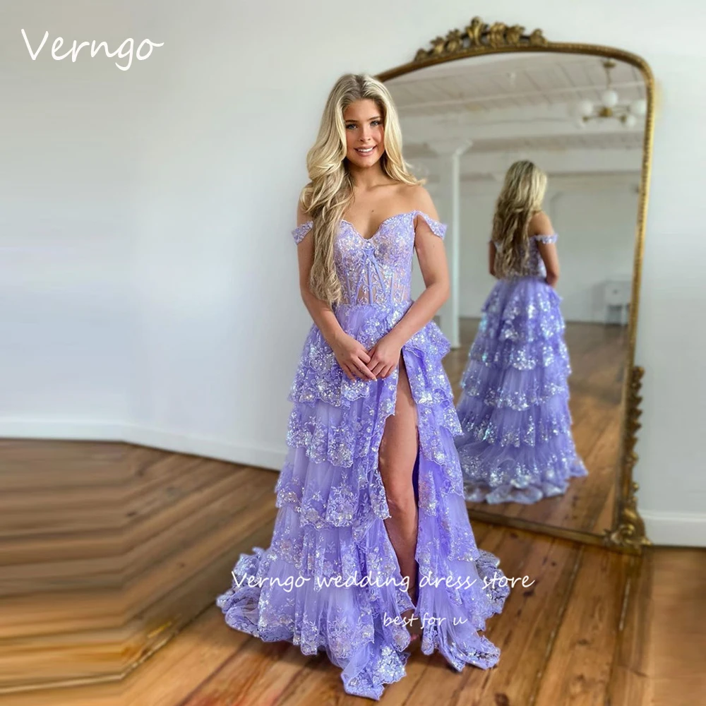 

Verngo Lavender Elegant Lace Applique Evening Prom Dresses Off the Shoulder Tiered Split Formal Party Dress Vestido de fiesta