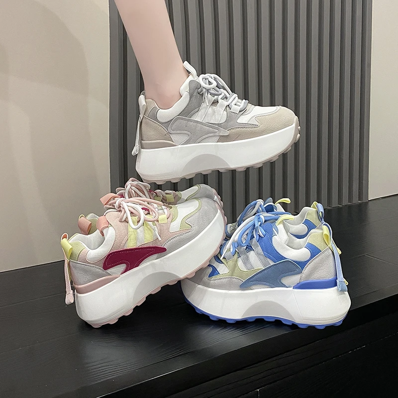 Women Platform Casual Breathable Leather Shoes New Autumn Chunky Sneakers 6.5CM Wedges Hidden Heels Leisure Sports Shoes Woman