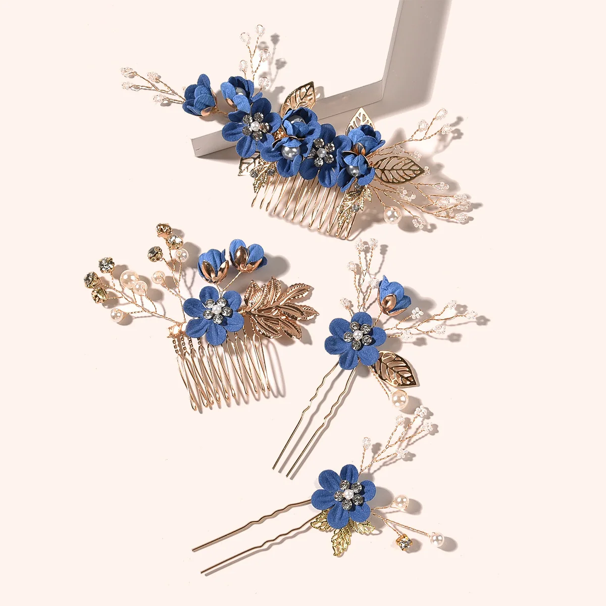 

Fashion Pink Blue Flower Hairpins Pearls Rhinestone Hair Combs Prom Bridal Wedding Hair Accessories Gold Leaves Hair Jewelry