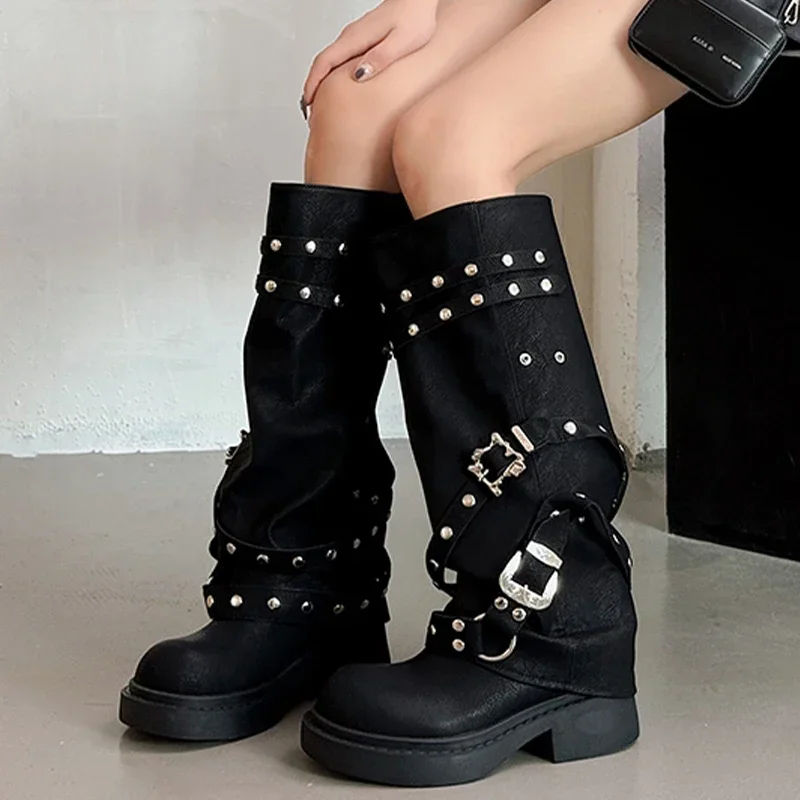 Женские высокие сапоги на среднем каблуке кожаные модные новые туфли до колена