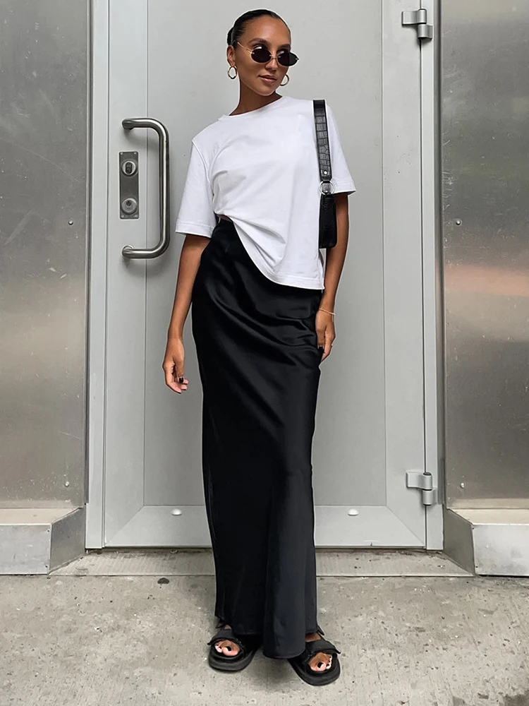 Satin Skirts Solid Black High Waist Slim Maxi Skirt For Women