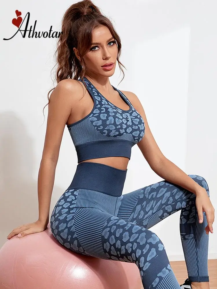 Спортивные костюмы ATHVOTAR с леопардовым принтом Женский бесшовный комплект из 2