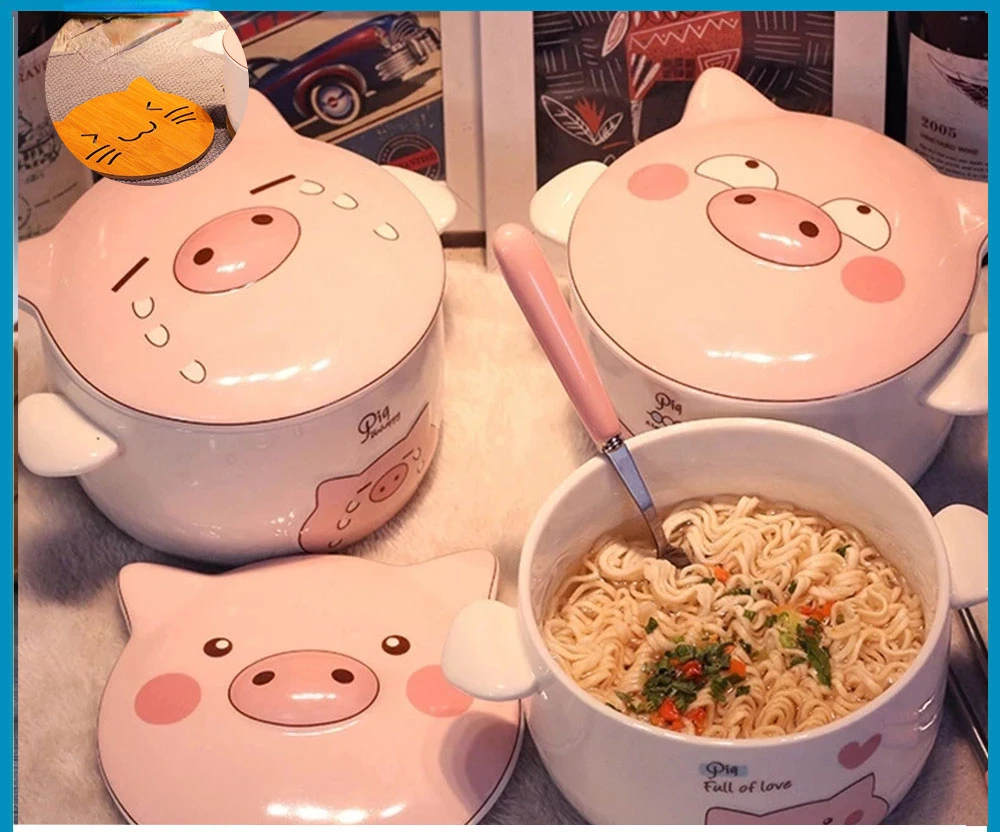 

Ramen Rice Bowl Cute Kawaii Cartoon Pig Instant Noodle Bowl Fruit Salad Soup Bowls Mug Tableware Kitchen Accessories