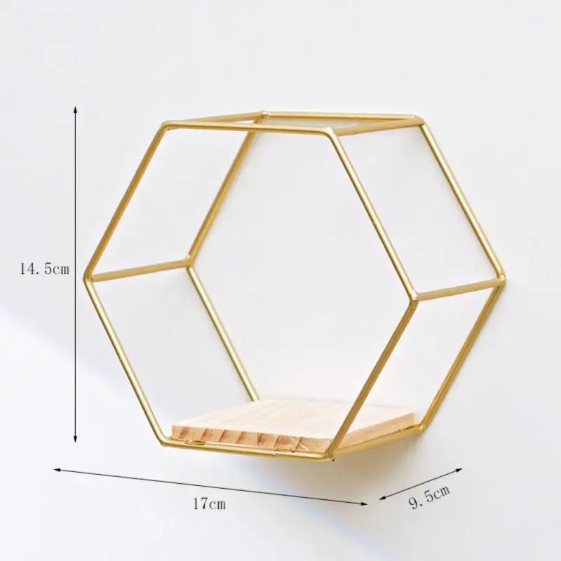 

Wall Mounted Floating Hexagon Shelves, Metal Framed Gold Shelves With Wooden Floor For Wall Storage & Display 2022 Dropshipping