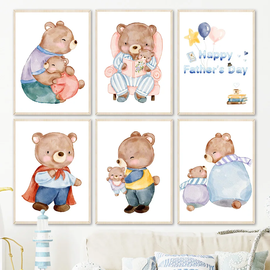 

Funny Baby Bear Father Day Gift Balloon Cartoon Wall Art Canvas Painting Nordic Posters And Prints Wall Pictures Kids Room Decor