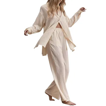 Khaki Cotton Linen Suit V Neck Long Sleeve Shirt Single Breasted Wide Leg Pants Trouser Suits Woman 2 Pieces Loungewear Sets 1