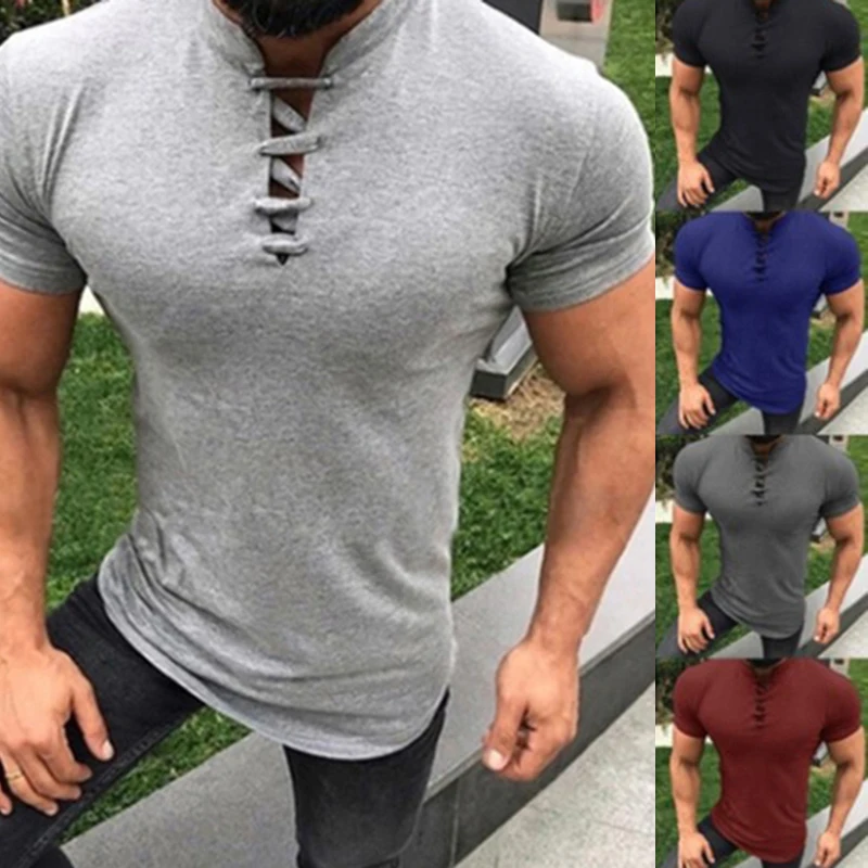 

New Fashion T shirts Men's V Neck Bandage Solid Short Sleeves Casual T-shirt For Male Slim Fit Tops Clothing