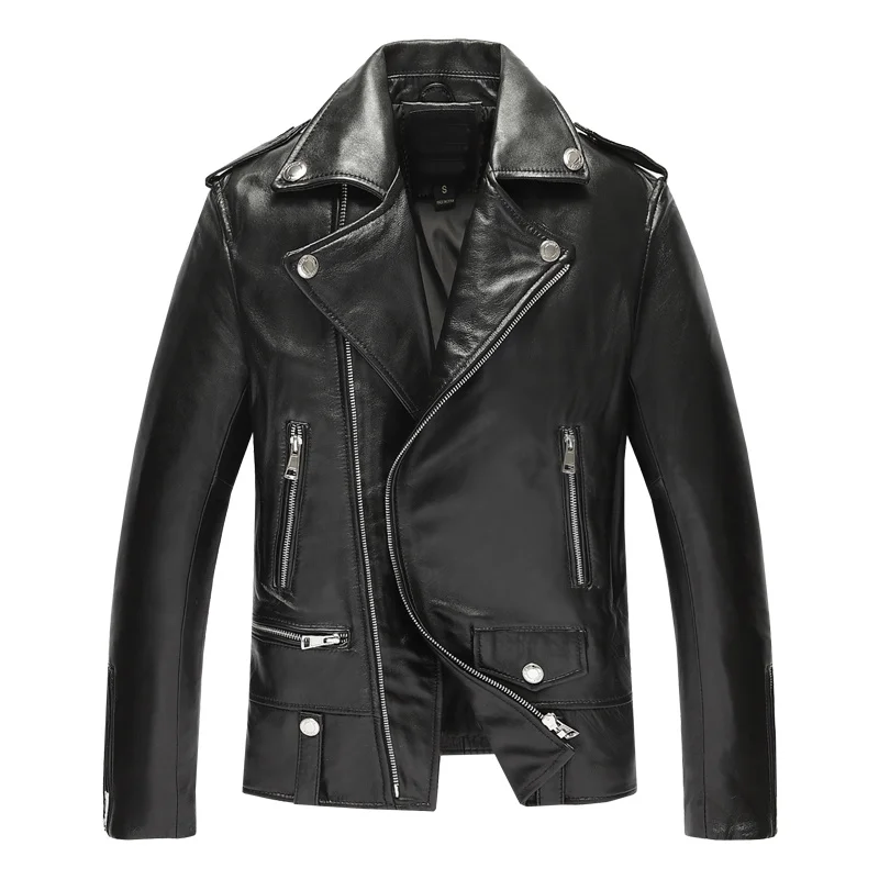 

YR!Free shipping.100% sheepskin.Brand classic motor biker leather jacket,mens slim genuine leather coat,plus size clothes