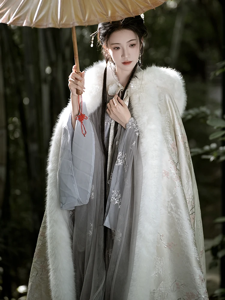 Плащ Ханфу с капюшоном и бархатным зимним утепленным теплым плащом в китайском