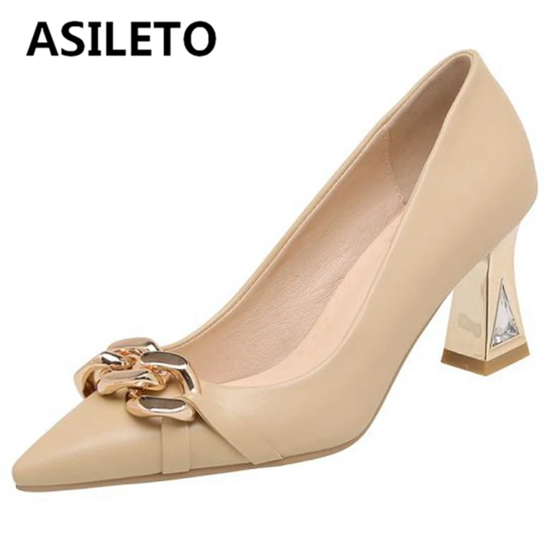 

ASILETO Grey Apricot Spring Metal Decoration Big Size 32-43 Elegant Shallow Woman Pumps Pointed Toe Block Heels Slip-on S2907