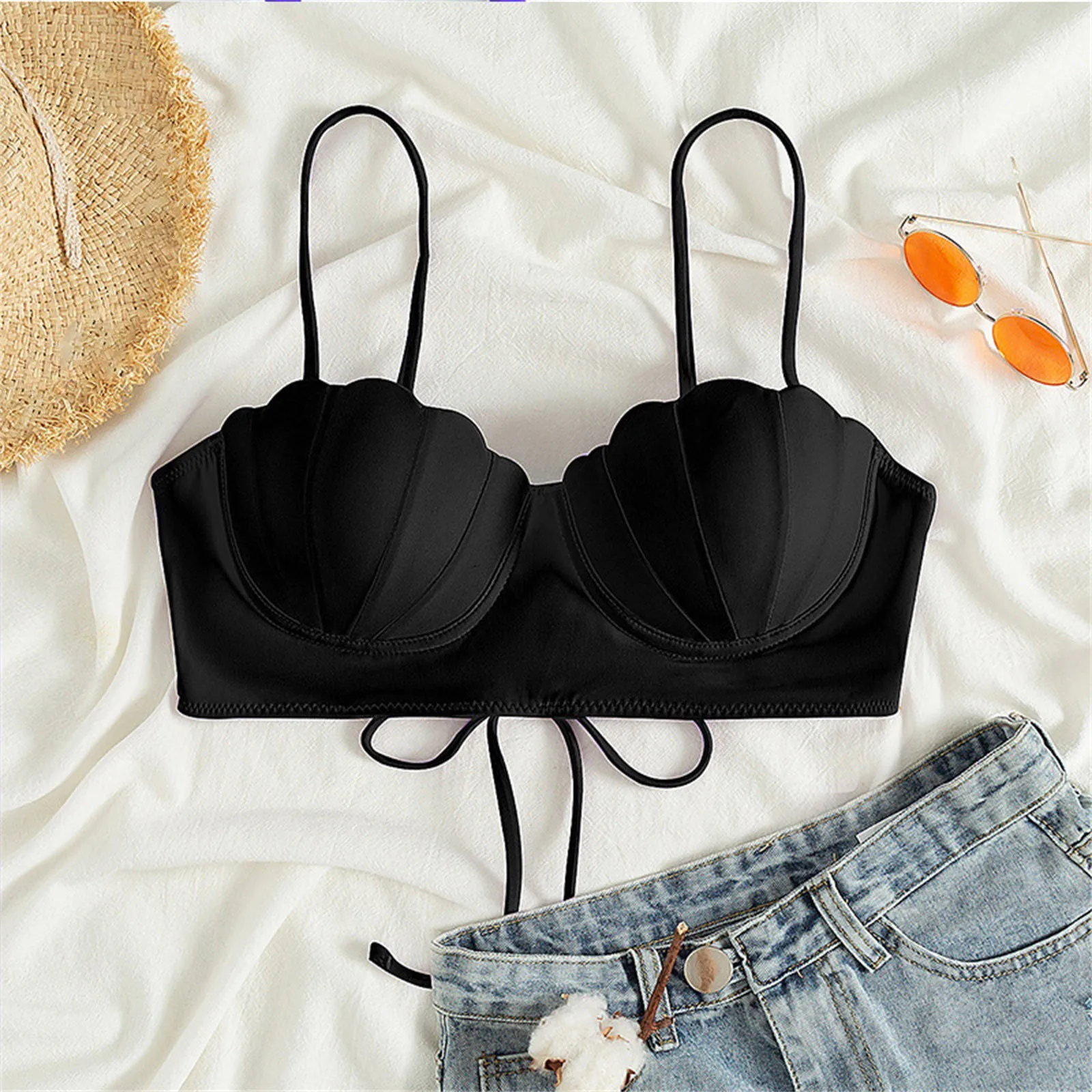 

New Swimsuit 2022 Summer Sexy Women Bikini Top Underwire Shell Bag Sling Solid Swimwear Padded Bra Top Girls Biquini Bathing