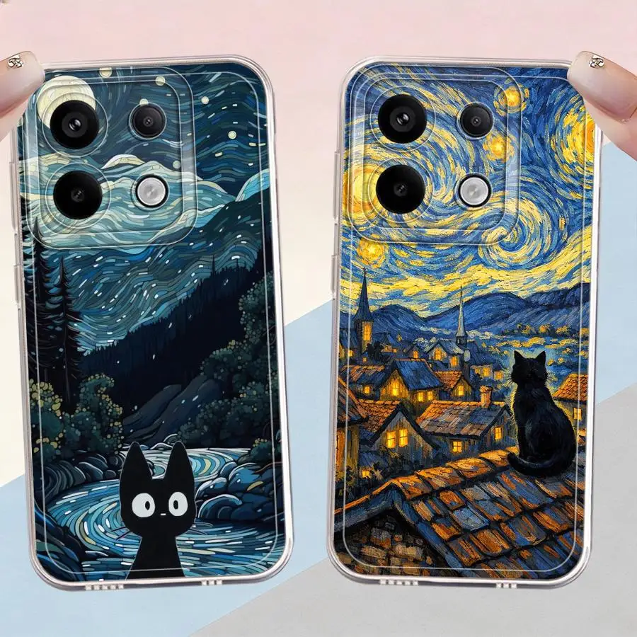 Фото Чехол для Xiaomi Redmi Note 14 Pro Plus 11 9 10 A4 11S 13C 12S 10S Note 13 14C 12, мягкий чехол для телефона, Ван Гог, Звездная ночь, Кот №1