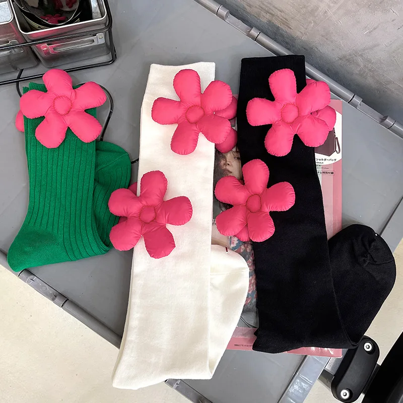 Three-dimensional Pink Kawaii Flowers Women's High Socks Fall Women Cotton Long Lolita Socks For Girls Designer Brand Funny Gift