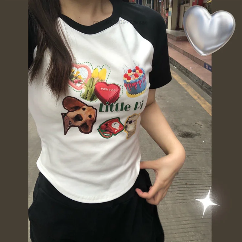 

2022 American Retro Style Crop Tops Spice Girl Color Contrast Straight Shoulder T-shirt Y2k Slim Small Unique Short Top Women