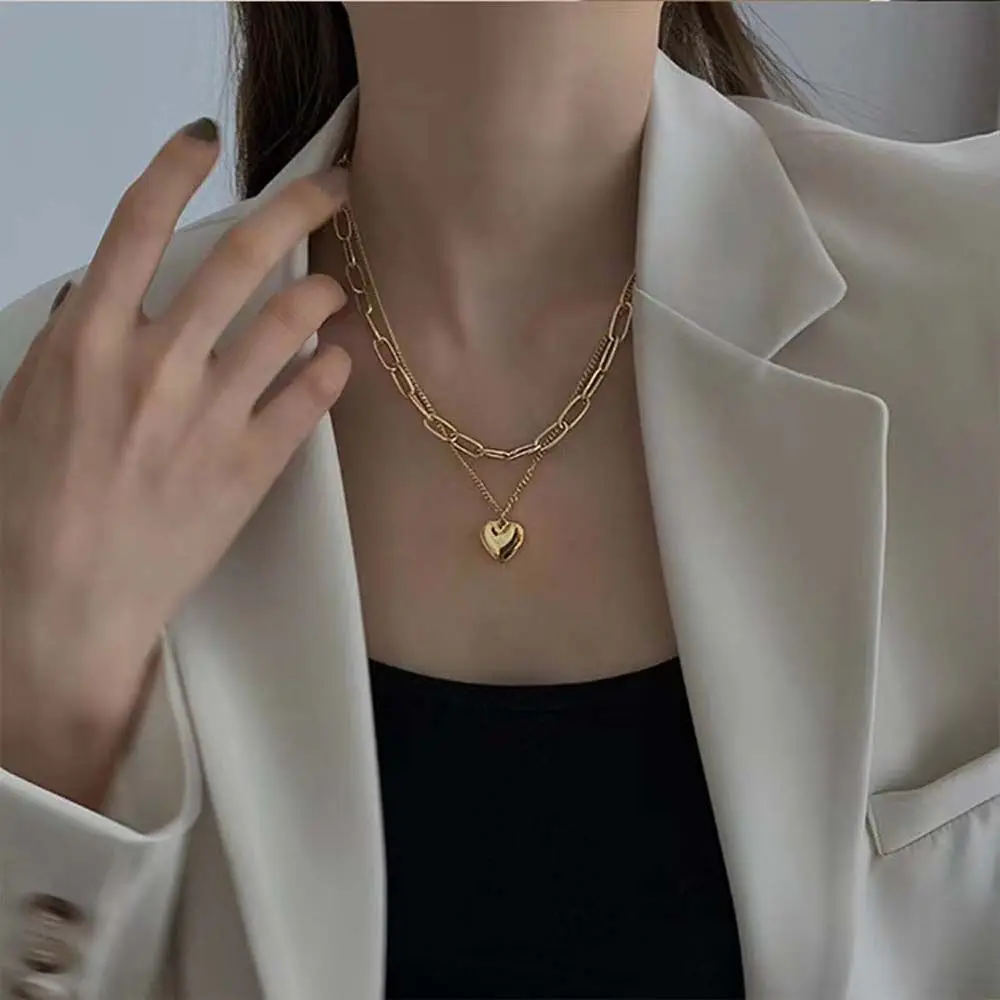 

Simple Temperament Party Grils Gift Multilayer Women Necklace Heart Clavicle Chain Korean style Necklace Double Chain
