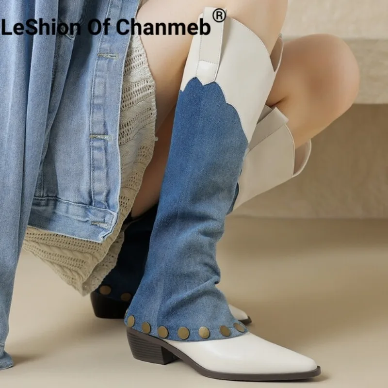 

LeShion Of Chanmeb Women Real Leather Knee-high Western Boots Rivets Punk Denim Cowboy Boots Jeans Pointy Toe Shoe Autumn Winter