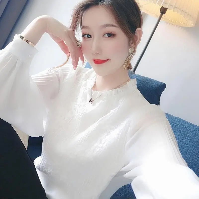 

2022 Autumn Office Ladies Elegant Shirt Blouse Female Fashion Button Up Shirt Ladies Vintage White Long Sleeve Shirts Tops G34