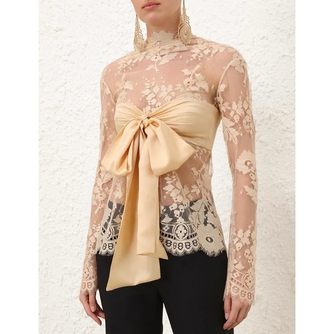Новинка 2024 осенняя прозрачная блузка с шелковым бантом и длинными рукавами на