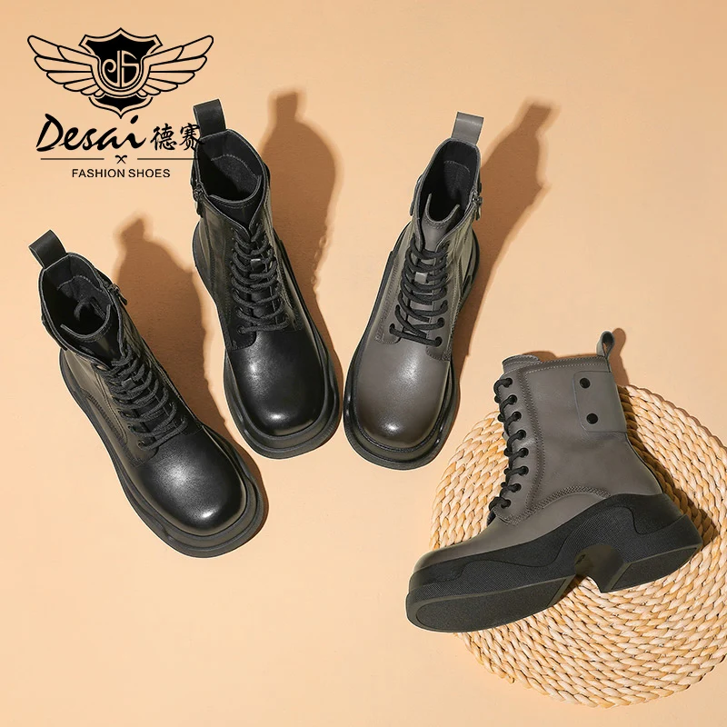DESAI Thick Bottom Heel Women Boots Martin Shoes Ankle Spring Female Casual Shoes For Women Genuine Leather