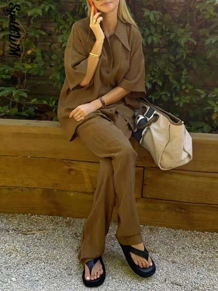 

women Causal Trouser Suits woman's Short Sleeve Blouse and High Wasit Pants Set 2022 spring Elegant Brown Pants two Piece Sets