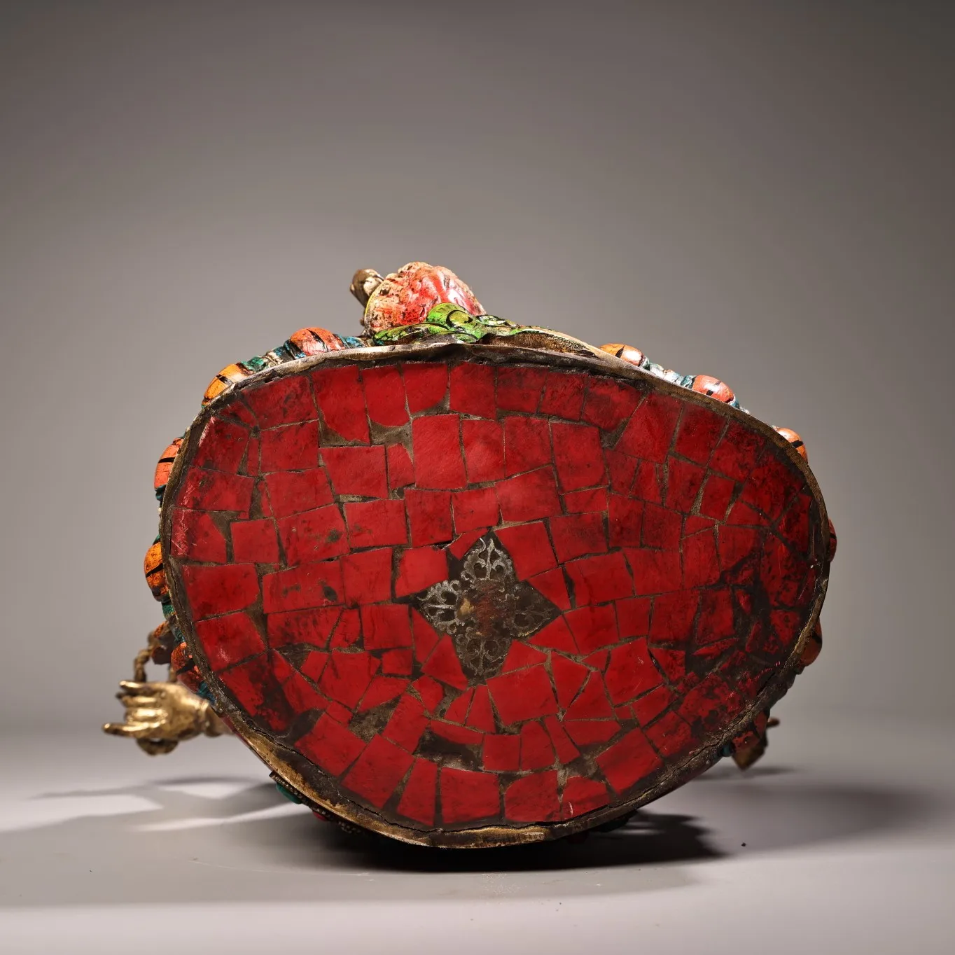 14&quotTibetan Temple Collection Old Bronze Outline in gold Mosaic Gem Four armed Sarasvati Sitting Buddha Worship Hall