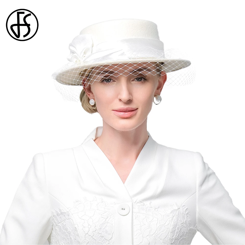 FS White Fedoras Luxury Flat Top Hats For Women With Veil 2022 New Wedding Ceremony Millinery Winter 100% Wool Felt Cap Ladies