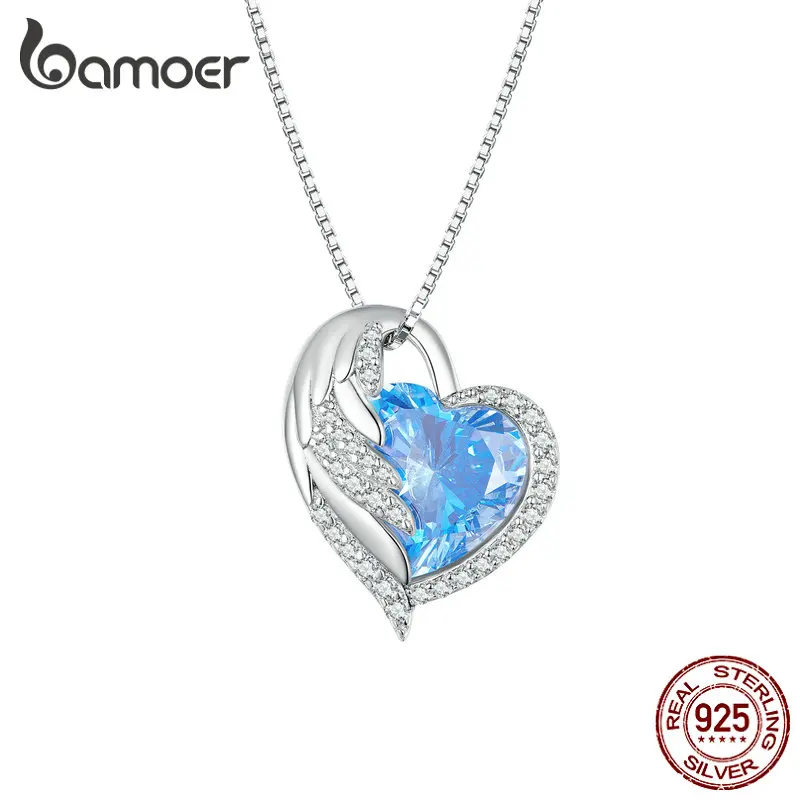 

Bamoer 925 Sterling Silver Blue Zircon Guard Heart Pendant Necklace Feather Neck Chain for Women Birthday Gift Jewelry BSN281