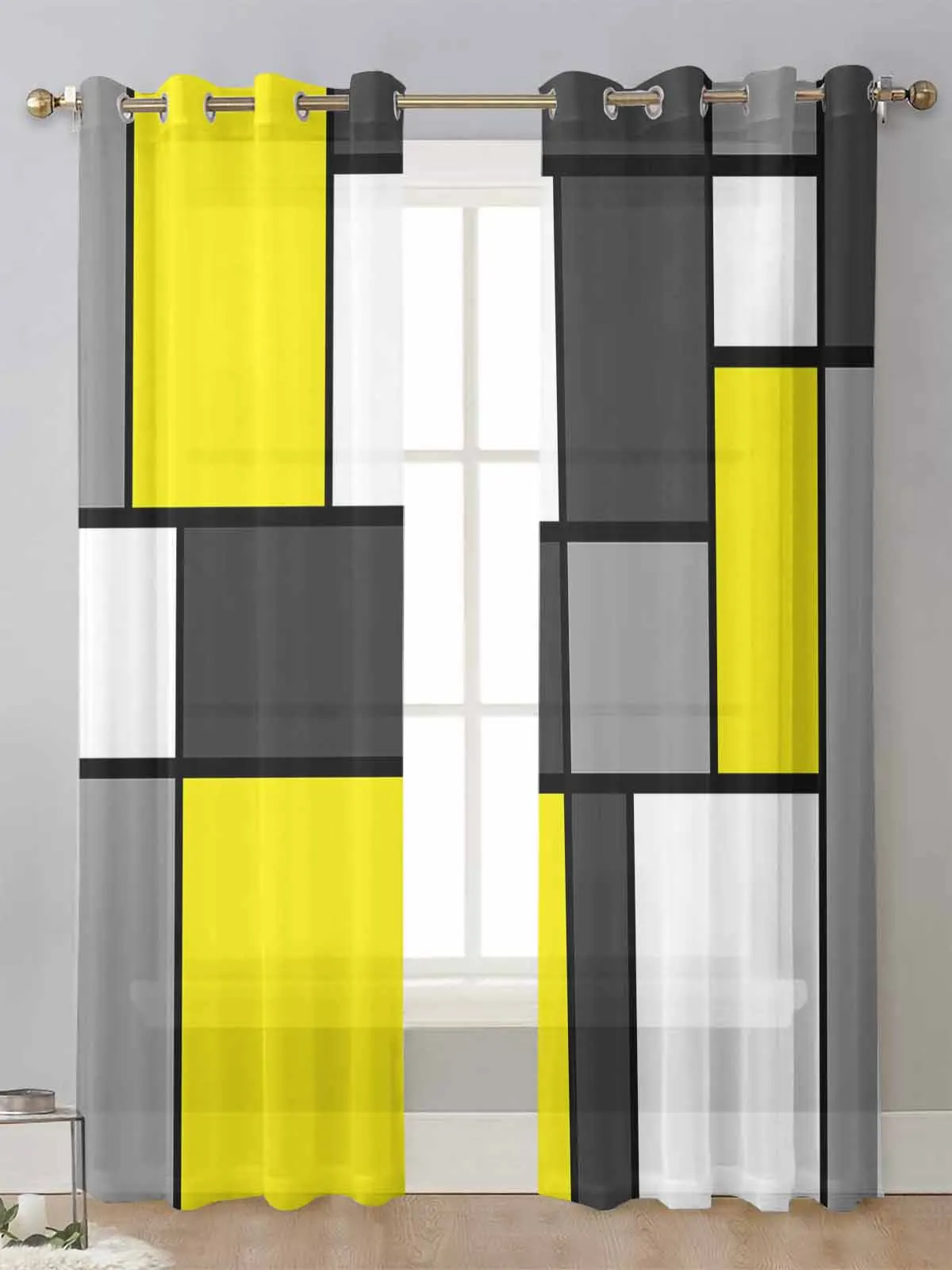 

Geometric Figures Yellow Abstract Sheer Curtains For Living Room Window Voile Tulle Curtain Cortinas Drapes Home Decor