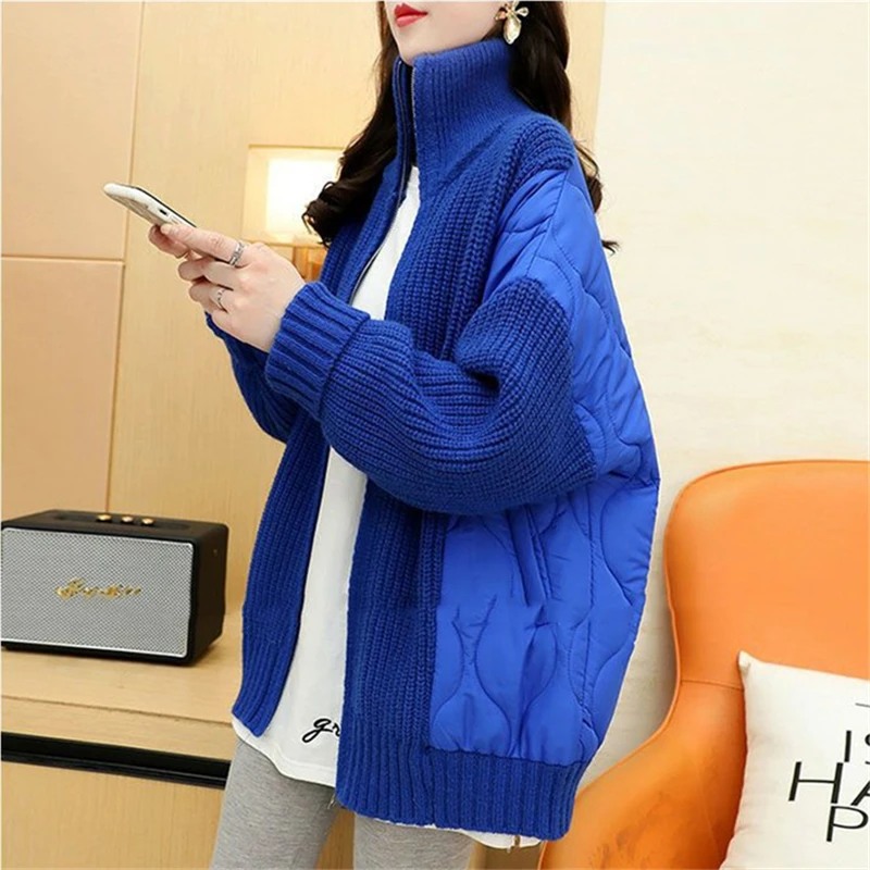 

Autumn and Winter Fashion New Standing Neck Long Sleeve Loose Lazy Style Thickened Knitted Splice Cardigan Sweater For Women