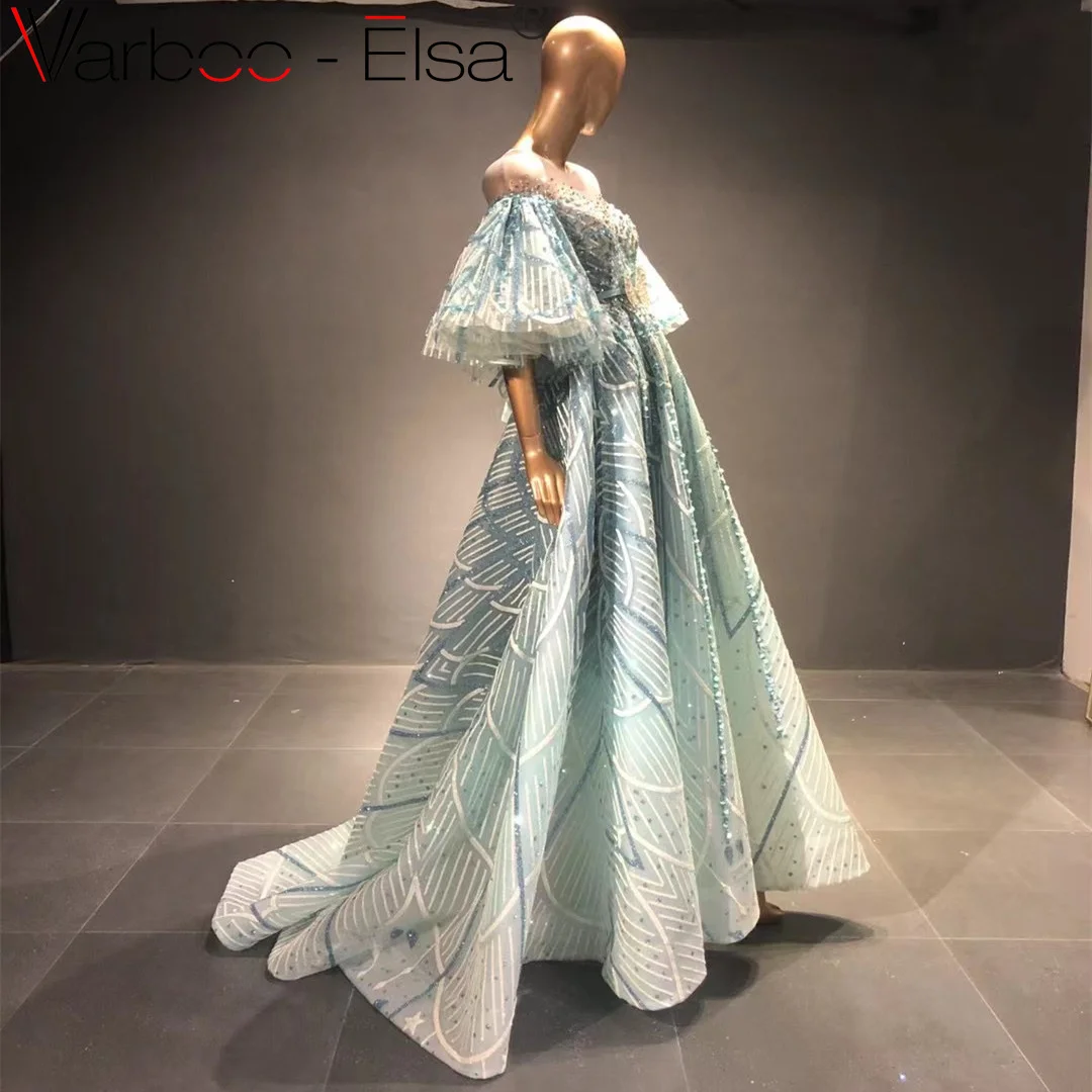 

Varboo_Elsa Luxury Crystal Dubai Evening Dress with Short Sleeves Bling A Line Turquoise Arabic Formal Prom Dresses Gowns Real