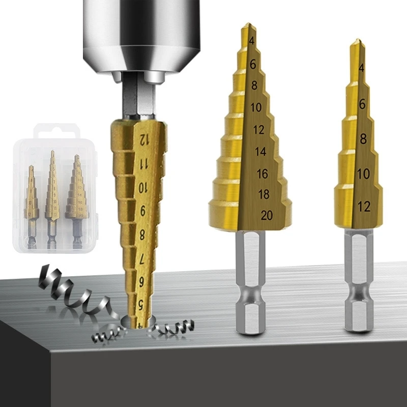 

Hexagon Shank Straight Groove Titanium Plated Step Drill 3-12/4-12/4-20 Boxed Reaming Step Drill Pagoda Drill Set