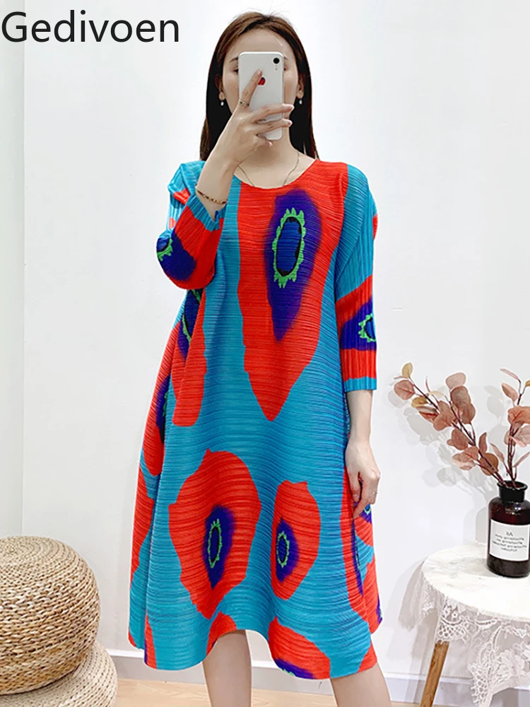 

Gedivoen High Quality Summer Women Fashion Designer Midi Dress 3/4 Sleeve Colorblock Floral Print Elasticity Loose Dress