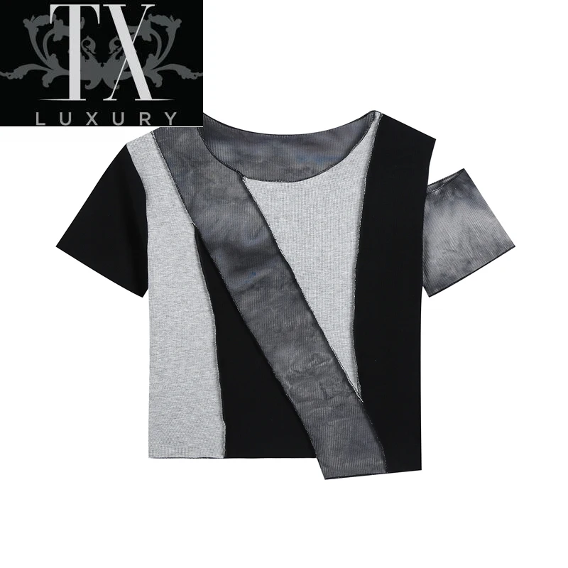 

Крутая Лоскутная Женская футболка с принтом, уличная одежда, винтажный укороченный топ с круглым вырезом и коротким рукавом в Корейском сти...