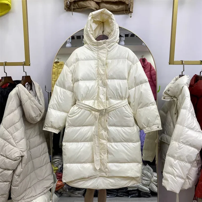 Women 2023 New Casual Waist Hooded Bread Jacket Sweet Korean Simple Belt Long Knee-length Straight Down Jacket Women Streetwear