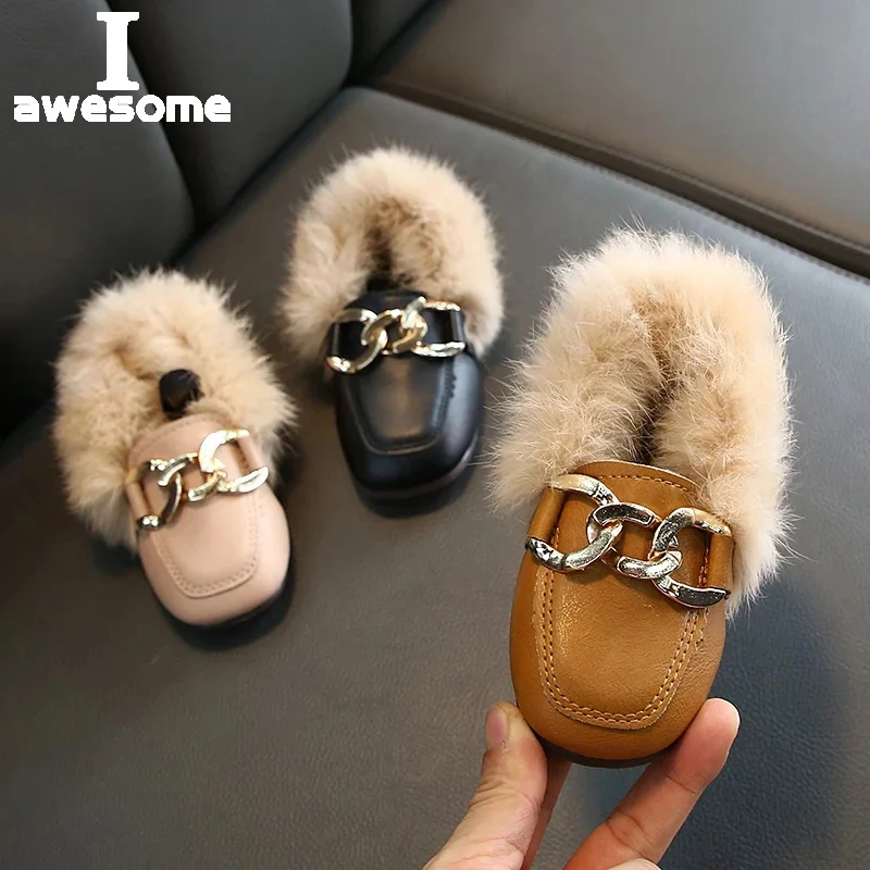 

Flat Shoes Girls 2023 Fashion Winter Warm Toddler Shoes Kids Children's Rabbit plush Fur Princess Square Head Leather Shoe Girl